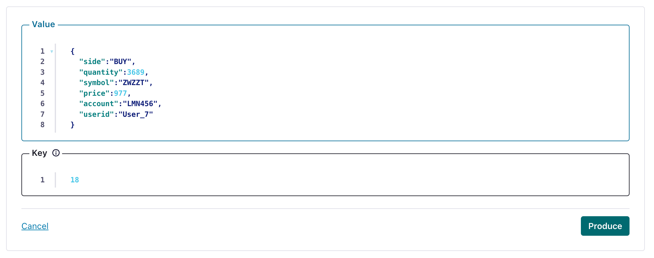 Интерфейс Confluent Cloud, показывающий, как создать тестовое сообщение в топике Kafka